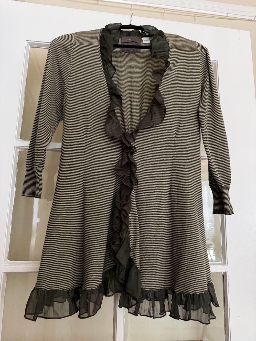 Lafayette 148 Olive & Cream Striped Ruffle Cardigan